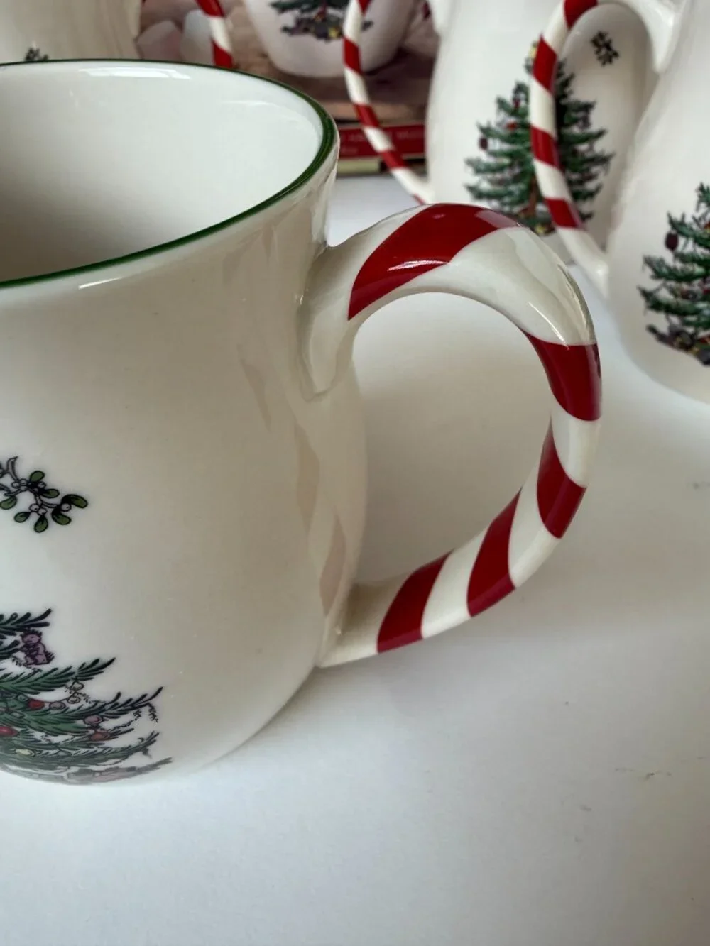 Spode Peppermint Handle Mugs Christmas Tree Set of 4 Candy Cane Santa 14 oz